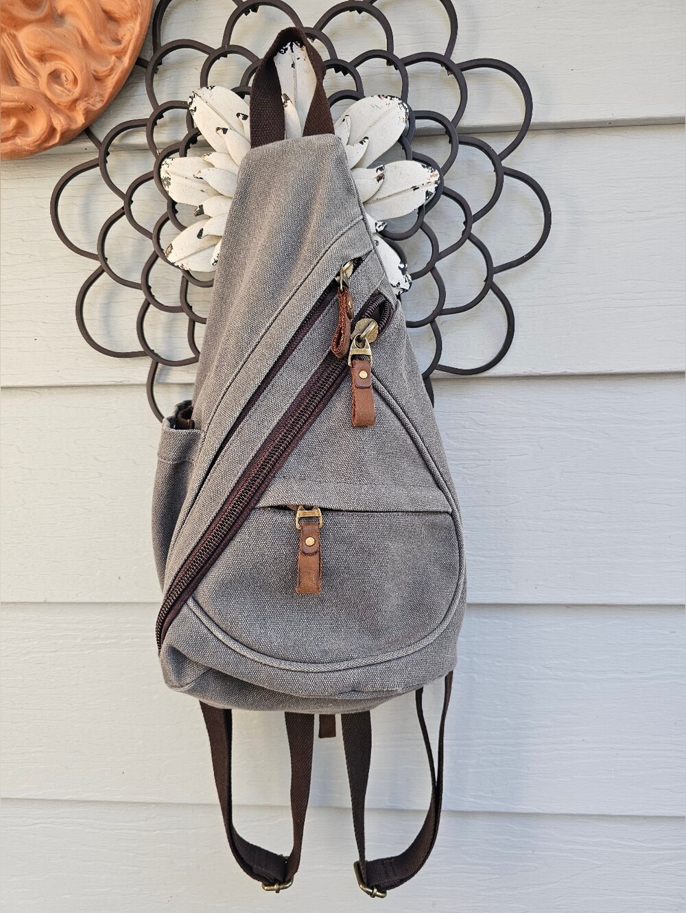Gray Canvas Sling Backpack with Brown Trim - Unbranded